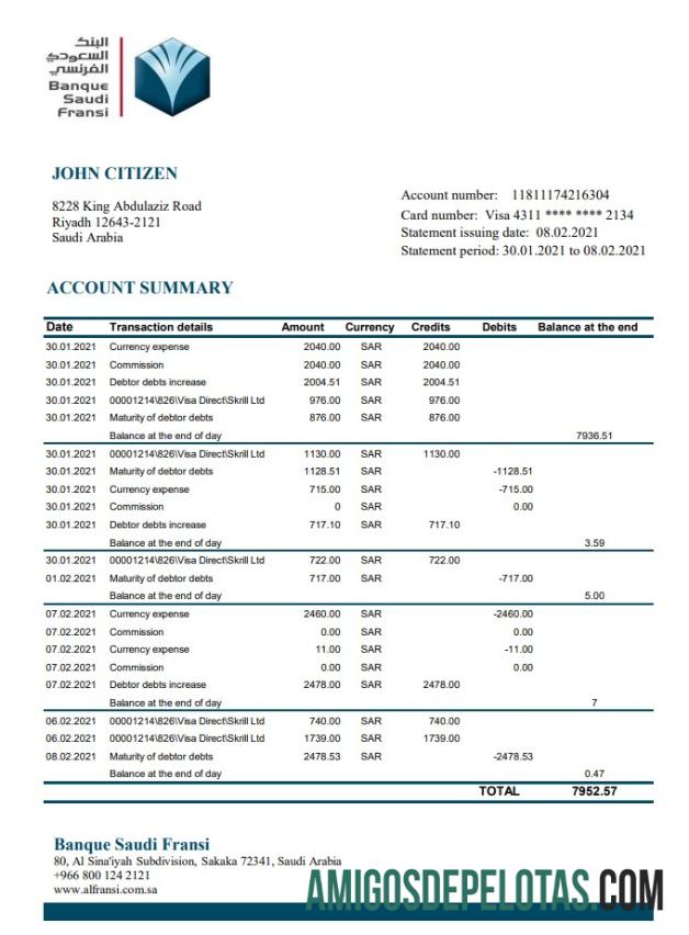 Arábia Saudita Banque Saudi Fransi Excel PDF exemplo